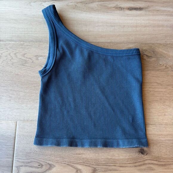 Savvi Moonlight Ocean Navy Ribbed One Shoulder Crop Top - Picture 2 of 4